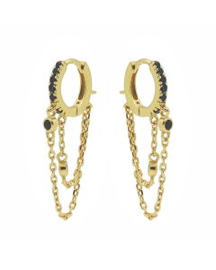 Hinged Hoops Black Zirconia Double Chain - Gold Color