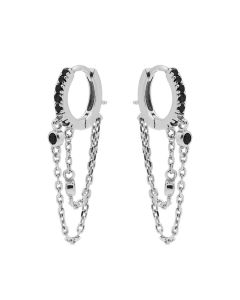 Hinged Hoops Black Zirconia Double Chain - Silver