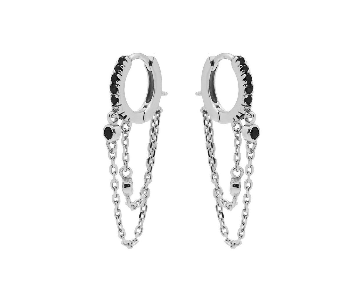 Hinged Hoops Black Zirconia Double Chain - Silver